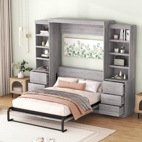 Solid Wood Full Size Murphy Bed Wall Bed with Shelves, Modern Murphy Bed Chest Cabinet Bed Closet Bed Platform Bed for Guest Room Home Office, Space-Saving Design (Grey-FL4)