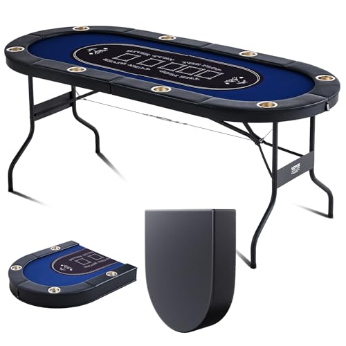 VEVOR 10 Player Poker Foldable Portable Folding Card Board Game, Casino Leisure, Blackjack Texas Holdem Table with Padded Rails and Stainless Steel Cup Holders, 84", Blue