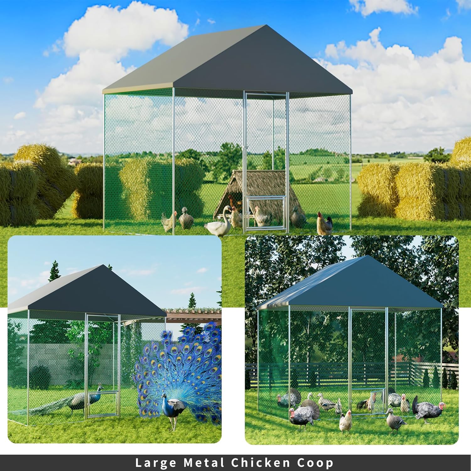 Large Chicken Coop Run Outdoor: Walk-in Poultry Hen Cage Run House with Small Feeding Door and Stakes - 9Ft Extra Tall Full Covered Chickens Habitat Crate Fence with Waterproof Anti-Ultraviolet Cover