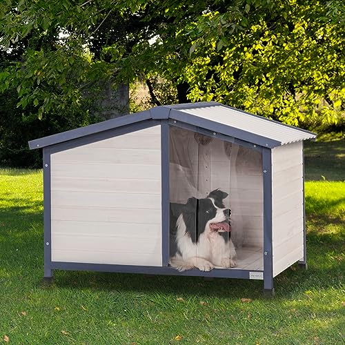 Petsfit Small Dog House, 33" L x 22.5" W x 25.2" H Waterproof PVC Roof Dog House for Small Dogs,Small Dog House with Adjustable Foot Mat and Door Flap, White