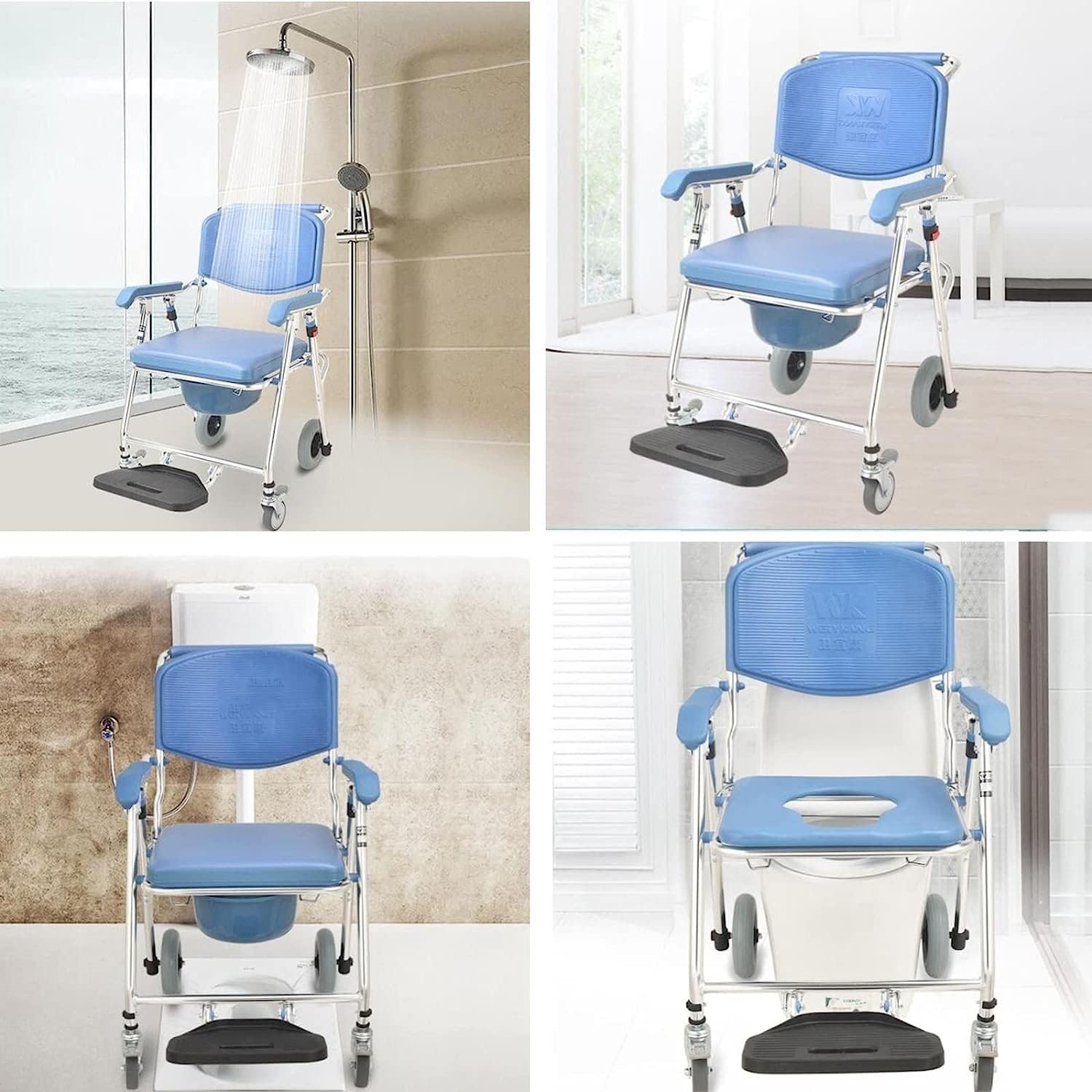 MaGiLL Toilet Wheelchair - Aluminium Shower Commode Chair with Detachable Bucket - for Elderly Seniors Disabled Pregnancy Comfort - Bedside Commode with Wheels - Wheelchair with Toilet Seat A (A)