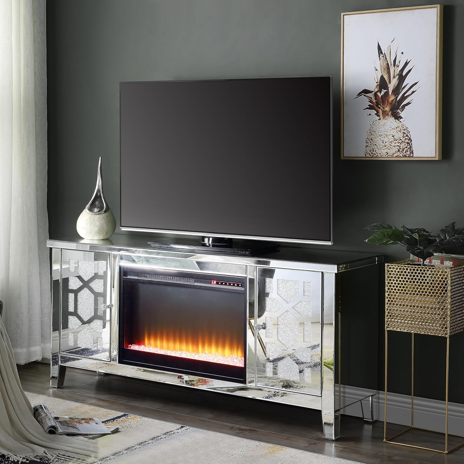 Noralie TV STAND W/FIREPLACE Mirrored & Faux Diamonds LV00312