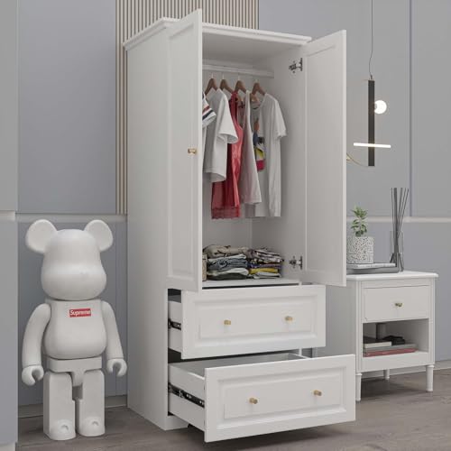 78.74” 6-Door Large Armoire Wardrobe Closet, Bedroom Armoire with 3 Drawers & 2 Hanging Rod, Wooden Armoires and Wardrobe,White (70.9”W x 23.63”D x78.74”H)