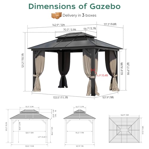 Hardtop Gazebo 10x12FT,Heavy Duty Metal Pavilion with 4.92'' Square Pillar,Aluminum Wood Grain Outdoor Gazebos Double Roof,Patio Gazebo with Curtain & Netting for Backyard,Deck,Lawn