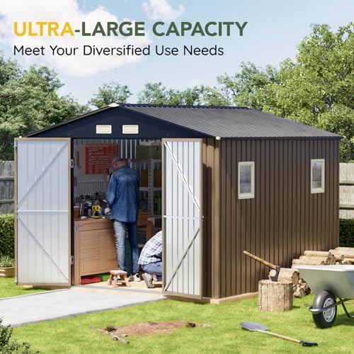 Outdoor Storage Shed 10 x 12ft. Utility Tool Shed Metal Storage Garden Shed with Lockable Doors, Windows & Metal Frame Floor for Patio Storage,Brown