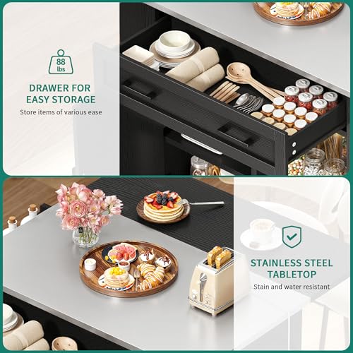 YITAHOME Kitchen Island with Stainless Steel Top & Drop Leaf, 47 Inch Kitchen Island on Wheels with Power Outlet, Rolling Portable Mobile Kitchen Cart w Storage Drawer Cabinet Counter Metal Top, White