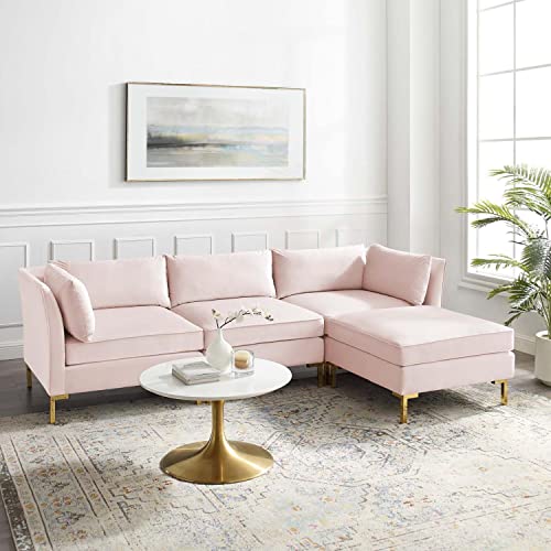 Modway Ardent Performance Velvet Sectional Sofa, 5 Piece L-Shape, Pink