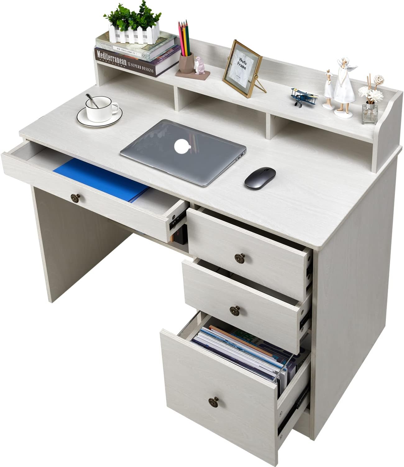 Computer Desk with 4 Storage Drawers and Hutch Shelf, Wood Frame Home Office Desk with Wide Tabletop, Industrial Vintage Style Executive Desk Writing Study Table PC Desk, Oak White