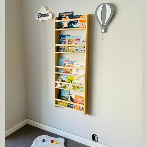 Handmade Natural Wood 5 Tier Montessori Kids Bookshelf, Wall Mounted Wide Book Shelf for Nursery, Space Saver Children's Book Rack Wall for Bedroom, Living Room (Medium, 21" Width, Natural)
