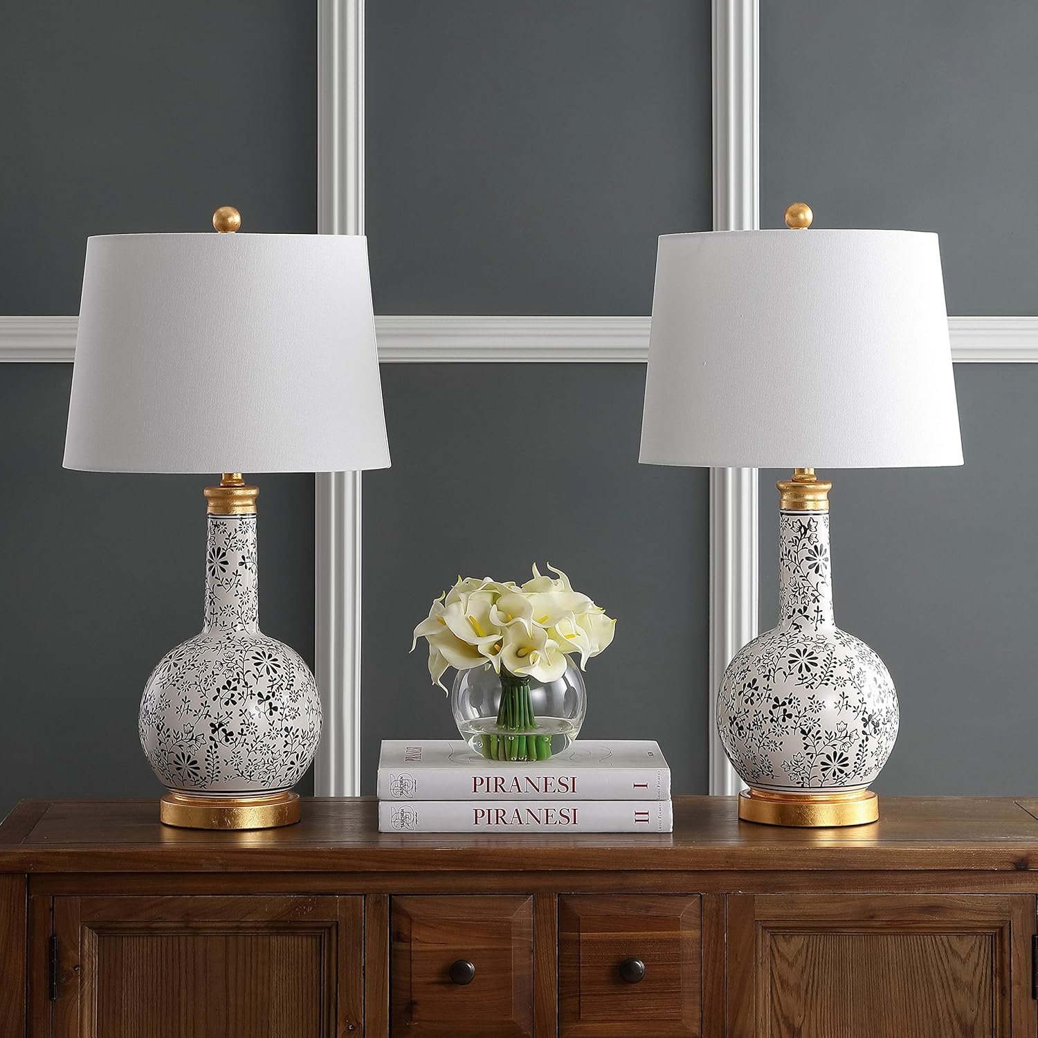 SAFAVIEH Lighting Collection Bodie Floral Black/ White 26-inch Bedroom Living Room Home Office Desk Nightstand Table Lamp Set of 2 (LED Bulbs Included)