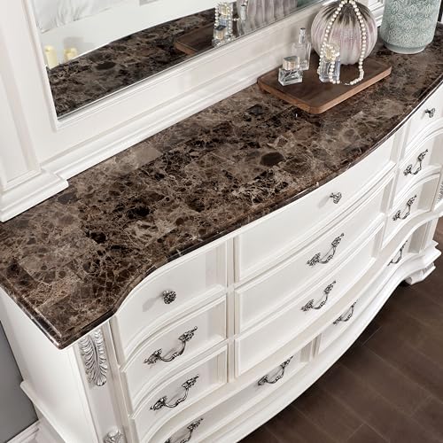 Furniture of America Clairibel Wood 5-Piece Bedroom Set, King-Size Bed with Button-Tufted Headboard, Marble Top Nightstand and Dresser & Dovetail Drawers, Box Spring Required, Pearl White