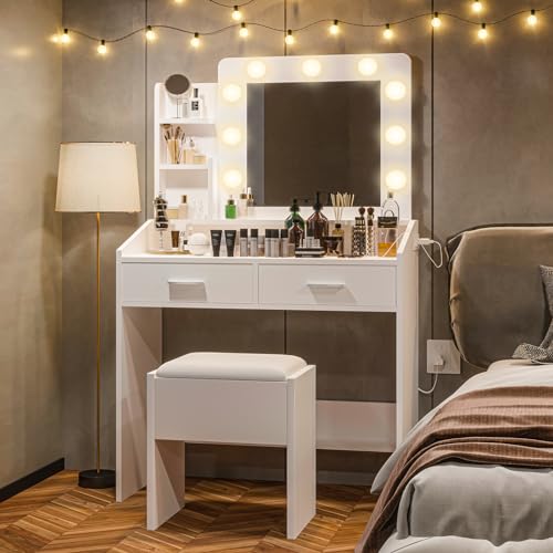 Vanity Desk with Mirror and Lights, Makeup Vanity Desk with Charging Station and Cushioned Stool, Dressing Table with 2 Drawers & 3 Lighting Modes Adjustable Brightness for Bedroom, Black