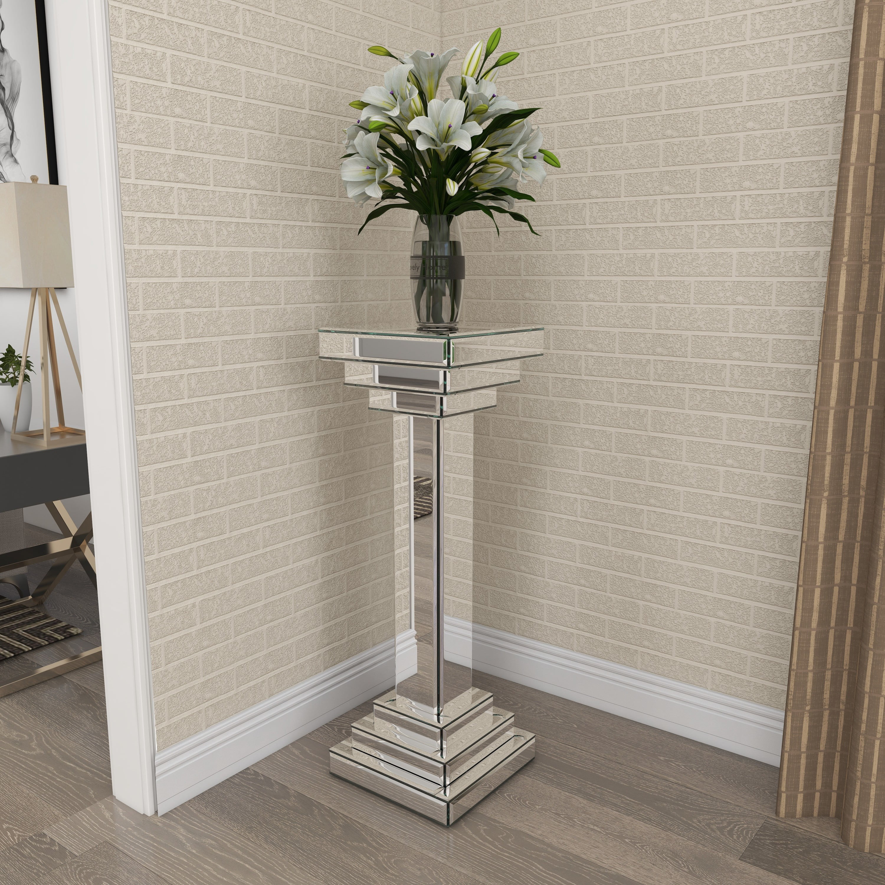DecMode 12" x 36" Silver Glass Mirrored Pedestal Table, 1-Piece