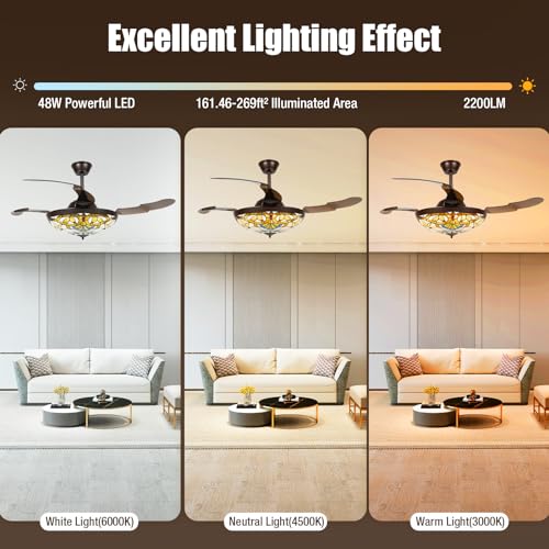 42 Inch Tiffany Style Ceiling Fan Stained Glass Ceiling Fan Retractable Ceiling Fan with Light and Remote Control 3 Speed, 3 Lighting Color Setting for Bedroom, Living and Dining Room