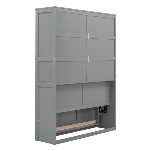 Voohek Full Size Murphy Bed with 2 Tier Shelves, Folding Bedframe w/Flexible Slats Support, Space-Saving Design, Can Be Folded Into A Cabinet, for Kids, Teens, Adults, No Box Spring Needed (White)