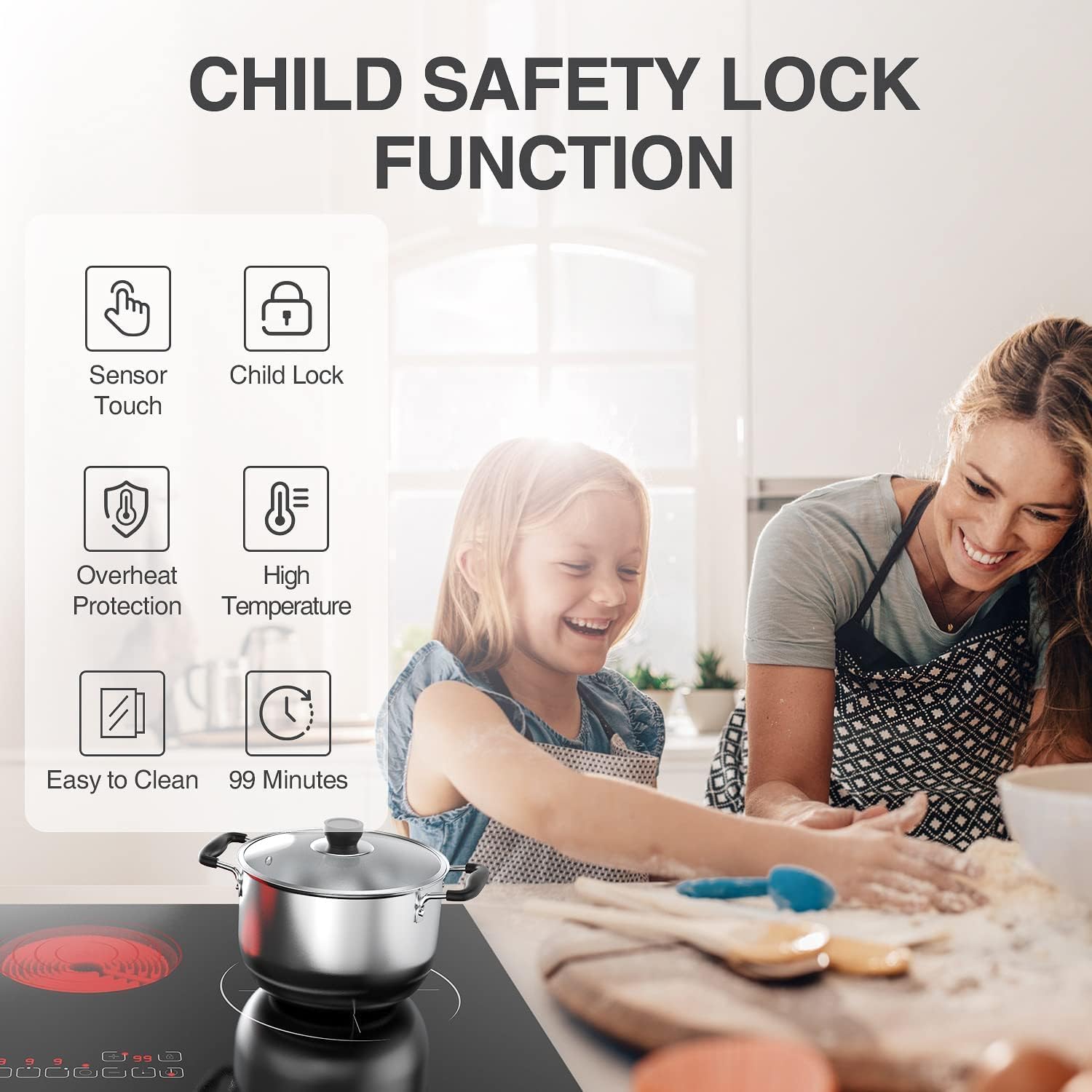Electric Cooktop 3 Burners Induction Cooktop, ANHANE Built-in Electric Stove Top Plug in 3700W 15A 220V-240V,Touch Control, Over-Temperature Protection, Hard Wire Induction Cooktop