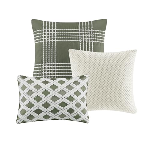 Madison Park King Comforter Set Clipped Jacquard Stripes with Buttons Boho Comforter for a King-Size Bed, Cotton Oversized Comforters with Removable Cover Boho Bedding, King Ivory 9 Piece