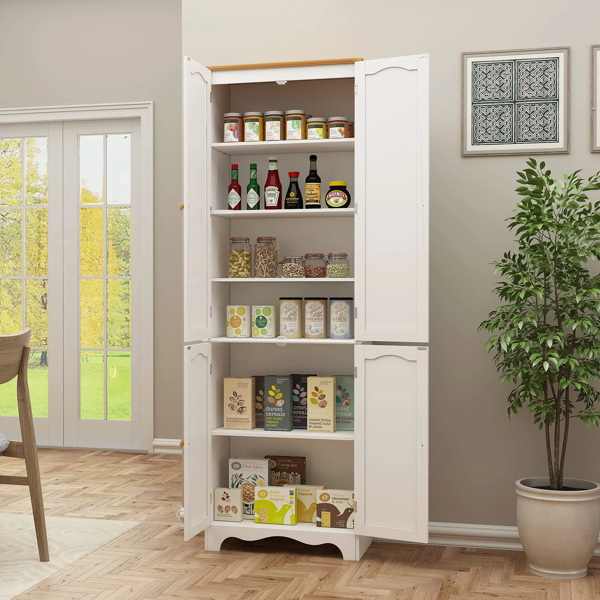 Yusong 72'' Tall Kitchen Pantry Cabinet, Farmhouse Storage Cabinet with 4 Doors and 2 Adjustable Shelf, Freestanding Wooden Cupboard Buffet for Home Dining Room Living Room Entryway, White and Honey