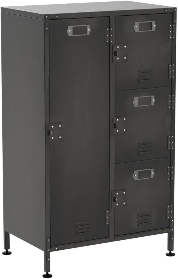 Metal Locker Storage Cabinet, 55" Employees Locker with 4 Doors, Steel Retro Wardrobe with Adjustable Feet for Home, Office, Gym, School