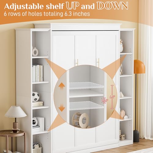 Queen Murphy Bed with Storage Bookcase & 4 Adjustable Shelves, Foldable Space-Saving Queen Wood Wall Bedframe with Metal Legs, Hidden Bedframe for Guest Room, Study, Home Office, Bedroom, Gray