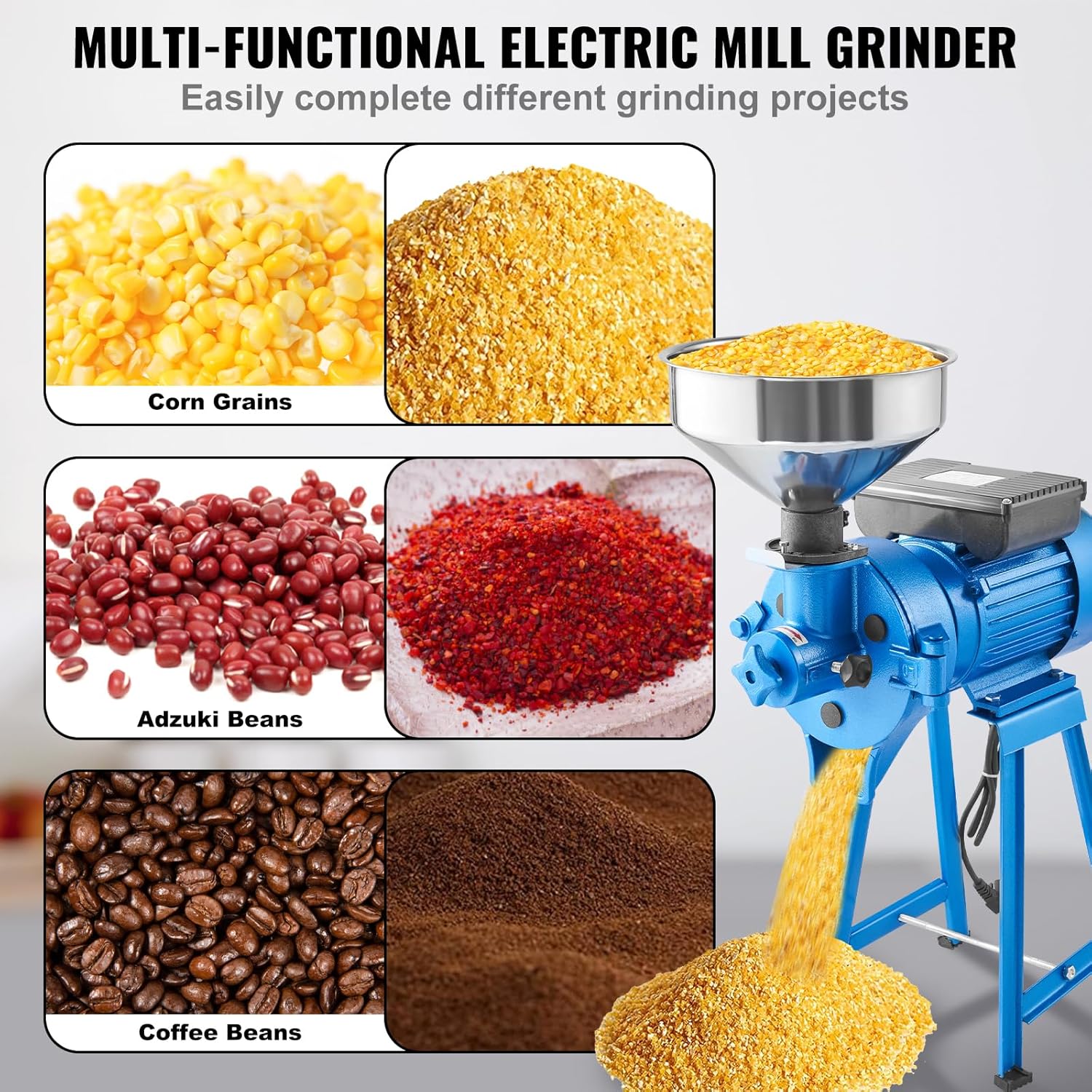 VEVOR Electric Grain Mill Grinder, 1500W 110V Dry & Wet Spice Grinder, Commercial Corn Mill with Funnel, Thickness Adjustable Powder Machine, Heavy Duty Feed Flour Cereal Mill Wheat Grinders