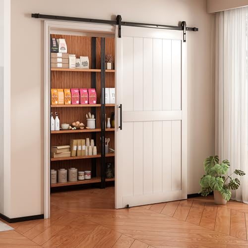 36 in x 84 in White Sliding Barn Door with 6FT Hardware Kit, Floor Guide and Handle Included, Waterproof PVC Surface, Pre-Drilled Holes Easy Assembly, H-Frame White