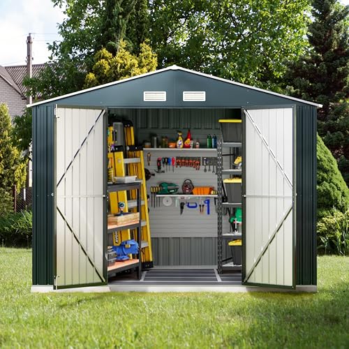 Outdoor Storage Shed 10 x 12ft. Utility Tool Shed Metal Storage Garden Shed with Lockable Doors, Windows & Metal Frame Floor for Patio Storage,Brown