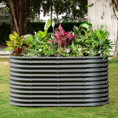 Land Guard 8x4x3ft Oval Galvanized Raised Garden Beds, Large-Capacity Metal Planter Box Outdoor, Durable Deep Raised Garden Bed 3ft Tall, Raised Beds for Gardening Vegetables, Cream Yellow
