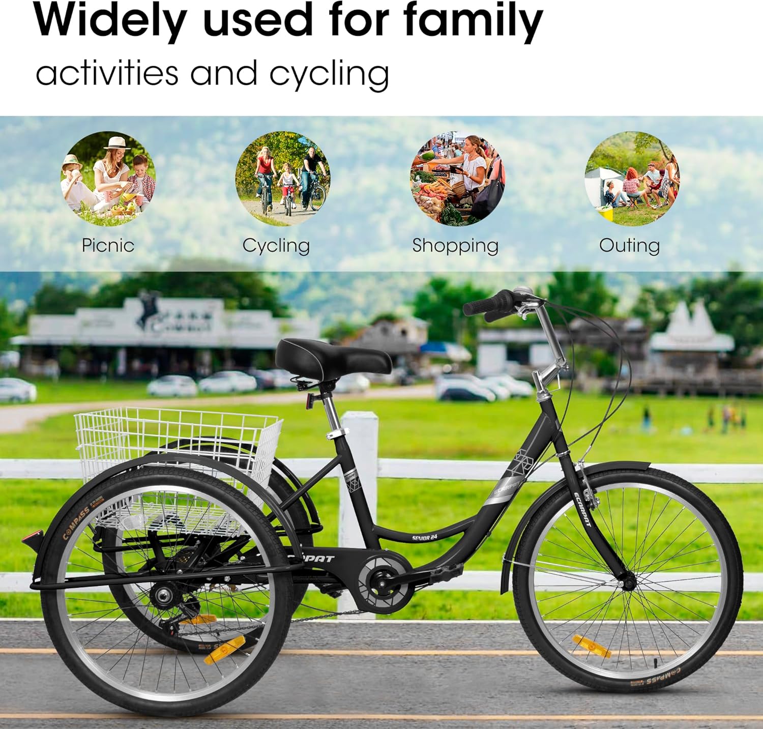 Adult Tricycles 7 Speed,Three-Wheeled Bicycles,Cargo Tricycle with Large Shopping Basket,Adult Cruise Trike 24 inch 3 Wheel Bikes for Seniors,Women,Men,Black