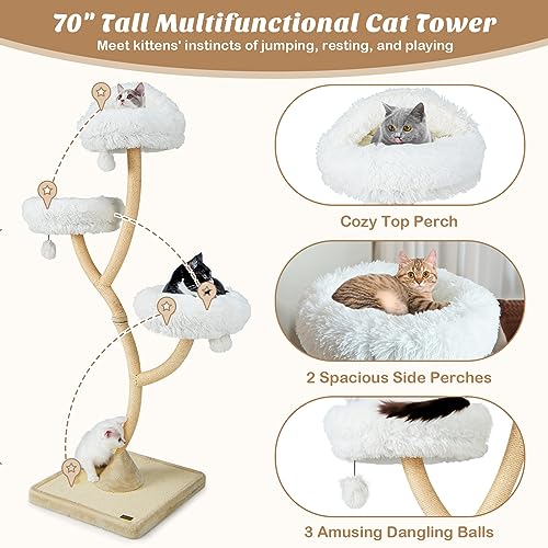 PETSITE 70" Tall Cat Tree, Cat Tower with Scratching Posts and Board, Multi-Level Cat Tower for Large Cats 20 lbs+ with 3 Cozy Perches and Dangling Balls, Modern Cat Tree for Indoor Cats Large Adult
