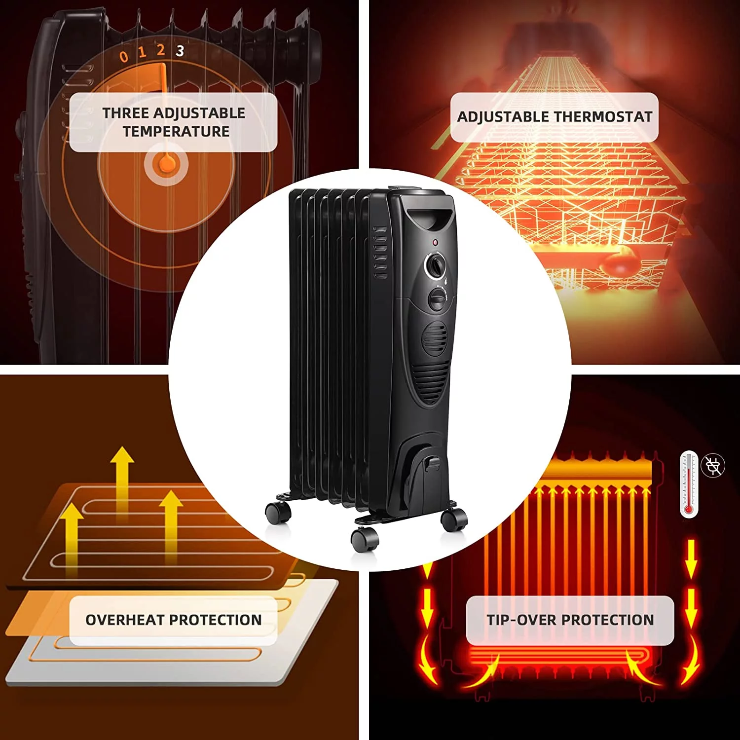 1500W Oil Filled Radiator Heater, Portable Electric Heater with 3 Heat Settings, Adjustable Thermostat, Overheat & Tip-Over Protection, Oil Heaters for indoor use (Black)