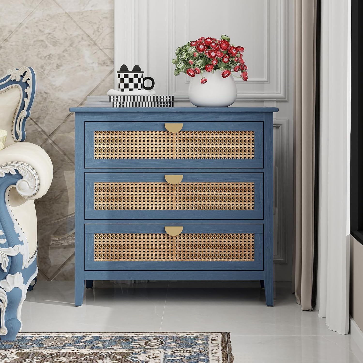 3 Drawer Cabinet Storage Cabinet Coffee Bar Cabinet Accent Cabinet Sideboard Kitchen Cabinet,Natural Rattan,American Furniture,Suitable for Bedroom, Living Room, Study (blue)