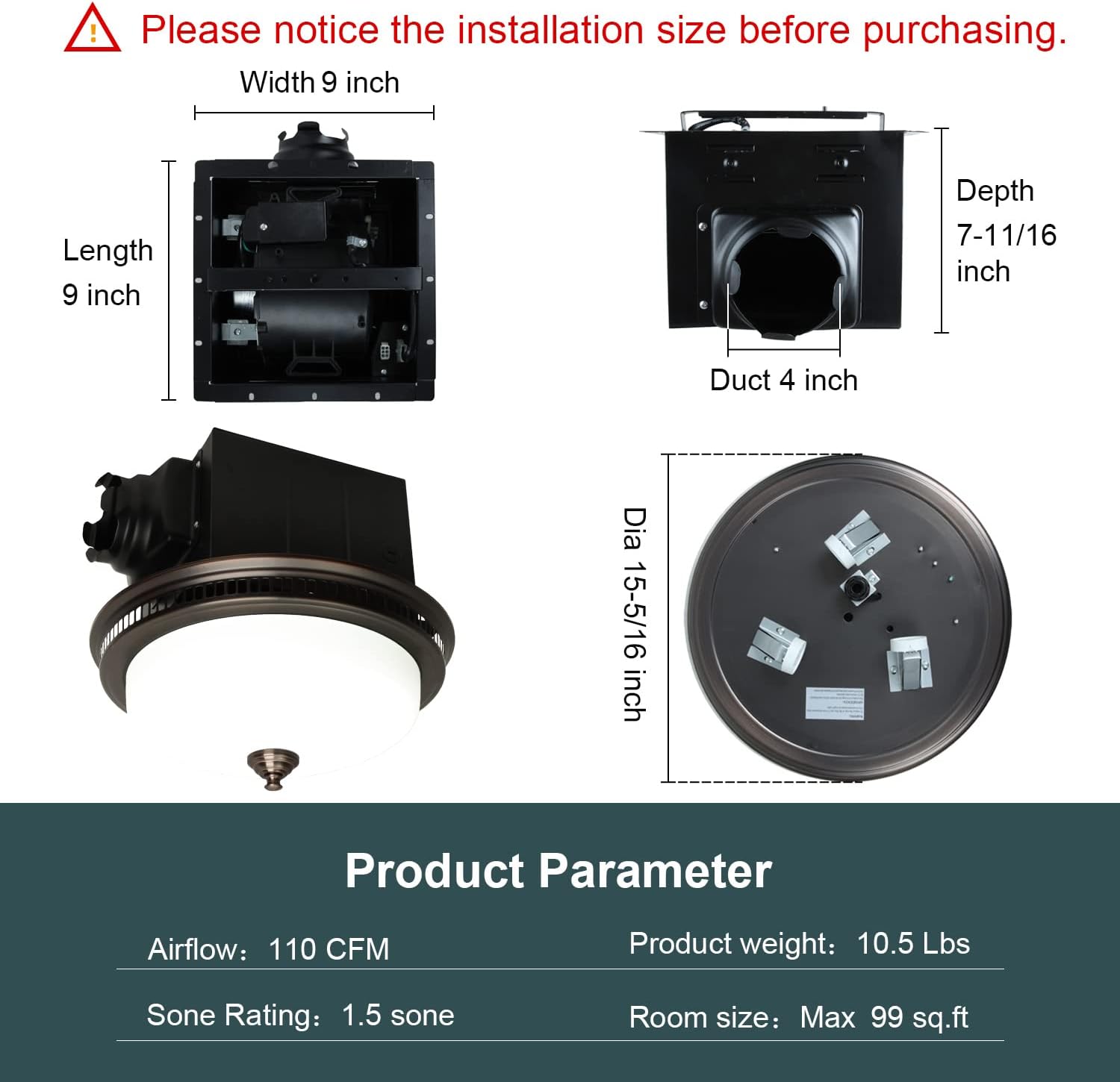 Akicon Ultra Quiet 110 CFM Round Exhaust Bathroom Fan with Warm Light and Nightlight Bronze (3x9W GU24 Base LED Bulbs and 1pcs E12 Nightlight Included)