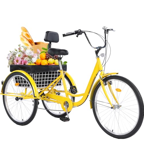 Versatile 24/26-Inch 3-Wheel Adult Tricycle with 7-Speed Gearing and Spacious Basket for Comfortable Riding and Storage for Recreation, Shopping, Picnics