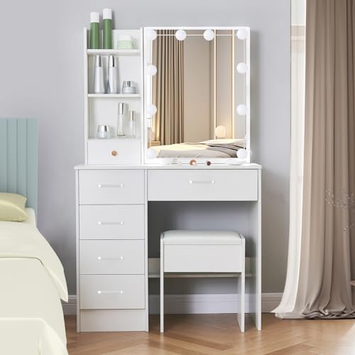 Makeup Vanity Desk with Lights and Mirror Table Set, Small Makeup Vanity with Drawers, Hollywood Lighted Mirror, White Vanity with Storage Shelves, Makeup Vanity Table Bedroom