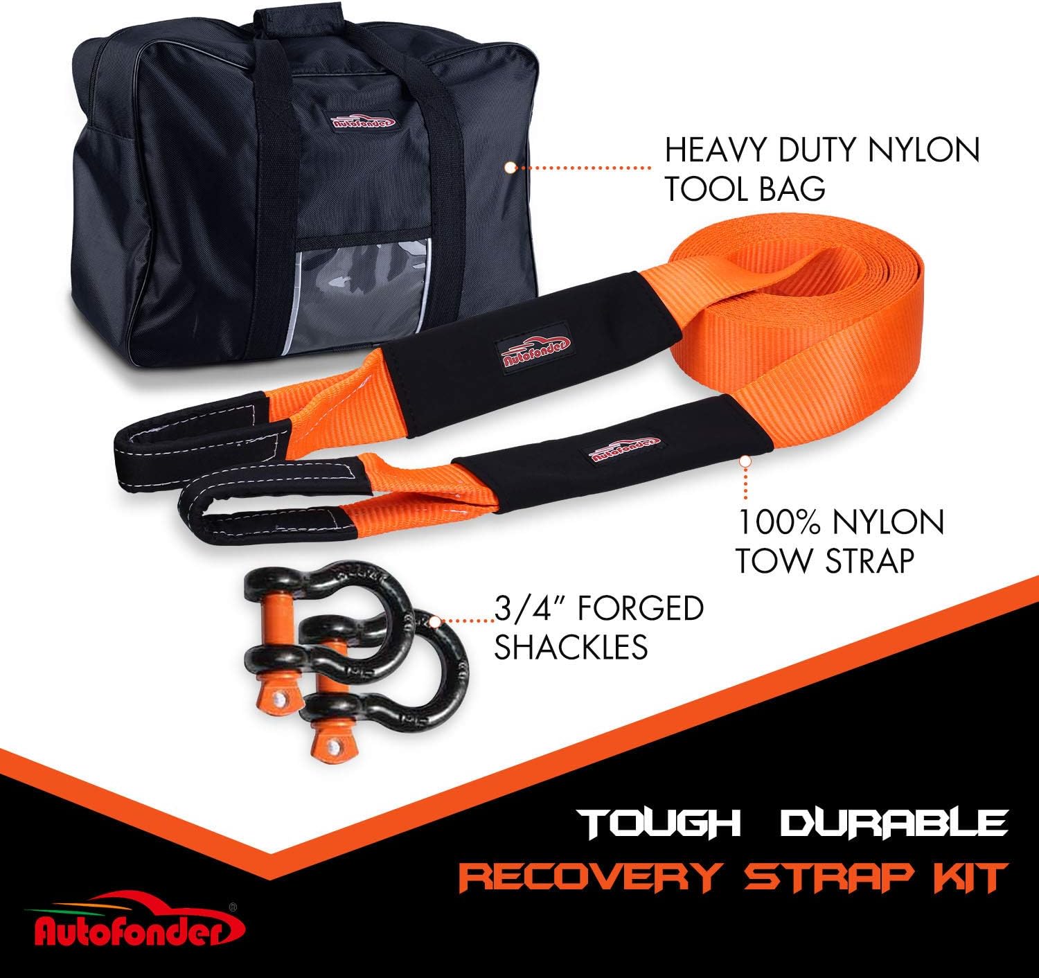 Autofonder Heavy Duty Tow Strap 12T Recovery Kit: 4WD Tow Strap + 3/4 Bow Shackle (2pcs) + Storage Bag (20ft)