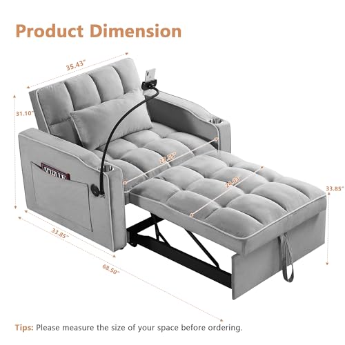 Setawix Convertible Chair Bed Sleeper, Tufted Velvet Pull Out Sleeper Chair with USB Ports & Phone Holder, Adjustable Backrest Armchair with Cup Holder Sofa Chair for Bedroom Living Room, Black