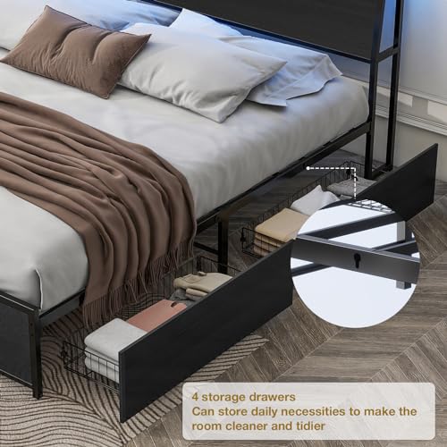 Queen Bed frame with LED Lights, Metal Platform Bed Frame with 4 Storage Drawers, Tall Bookcase Headboard and Charging Station, Sturdy, No Box Springs Needed Black