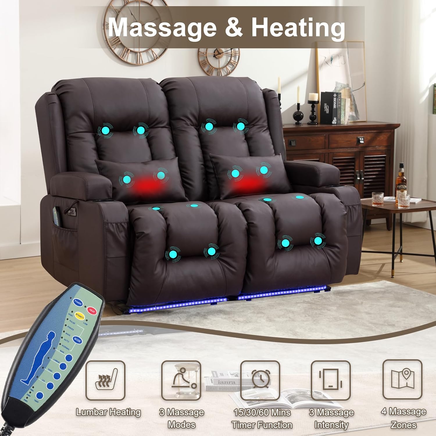 Home Theater Seating, Faux Leather Power Recliner Chair with Massage& Heat, RV Loveseat Sofa Theater Seats with LED Lights/Lumbar Pillow/Cup Holders/Side Pockets (Brown)