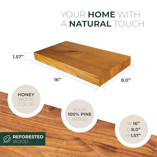Letto Solid Wood Floating Shelves, Set of 2, 10" D x 24" W x 1.57" H - Pine Wood and Environmentally Friendly Wood Floating Shelves, Water Resistant, Thick Wood, All-Included Set Up, Honey Oak Shelf