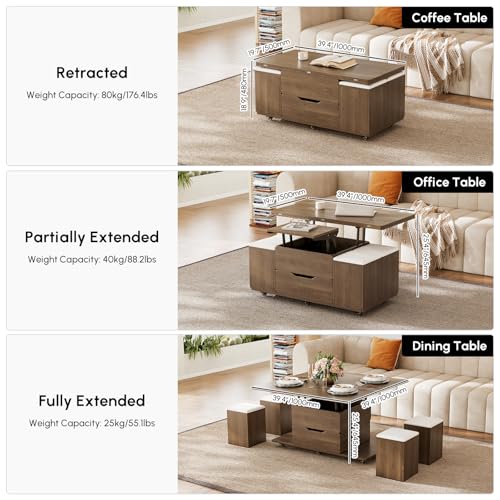 homary Black Lift-Top Coffee Table with Hidden Storage, 3-in-1 Modern Folding Center Table with 4 Stools, Casters, and Lockable Wheels – Convertible Dining & Office Table for Living Room