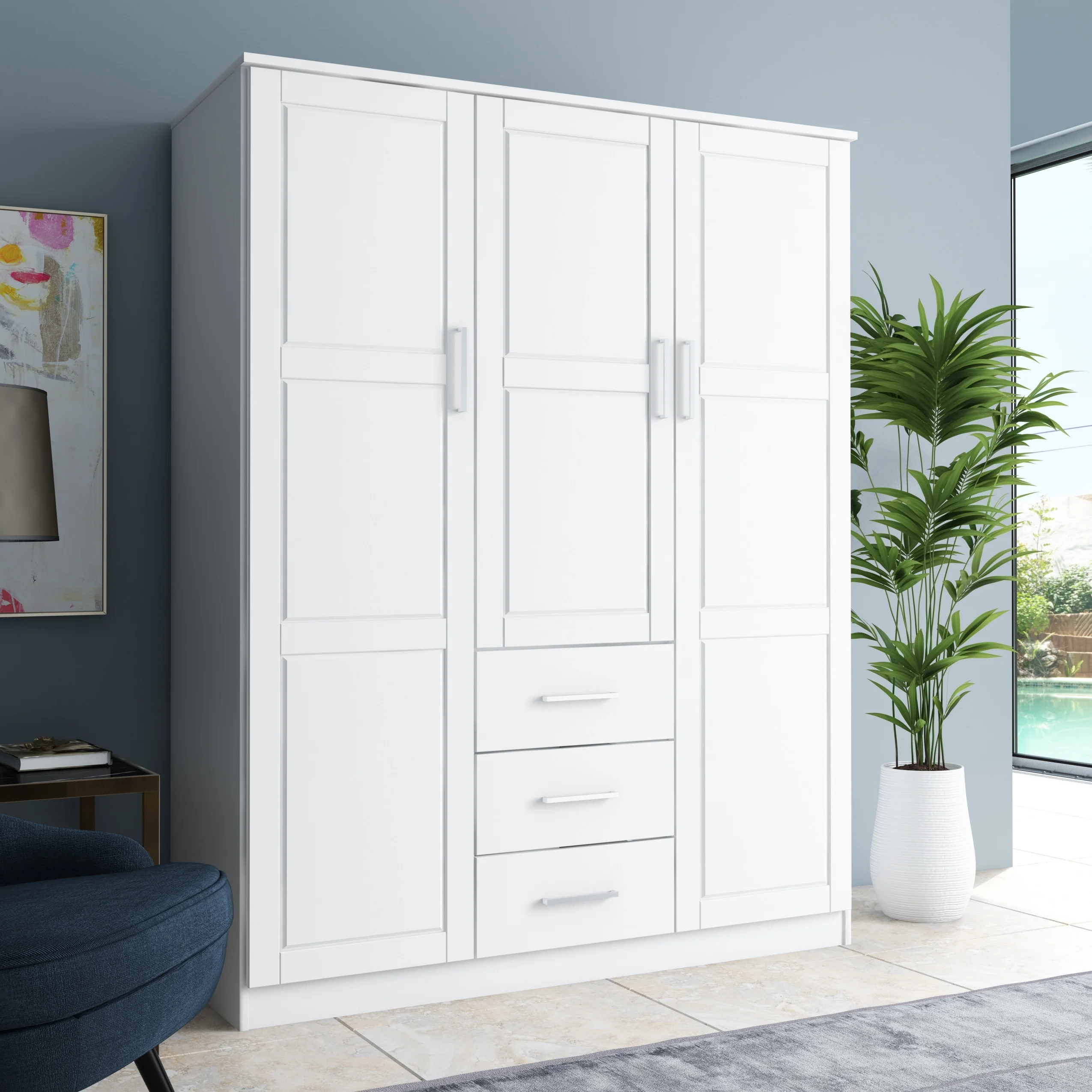 Palace Imports, Inc. Palace Imports 100% Solid Wood Cosmo 3-Door Wardrobe Armoire with Solid Wood or Mirrored Doors Grey-Raised Panel