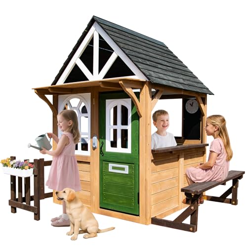 Kids Playhouse Outdoor,Wooden Play House Playset for Kids, Large, Sturdy, Realistic Design with Kitchen, Doorbell, Flower Pot, Stove, Sink & Clock, Perfect for Kid Ages 3-8 (Gray)