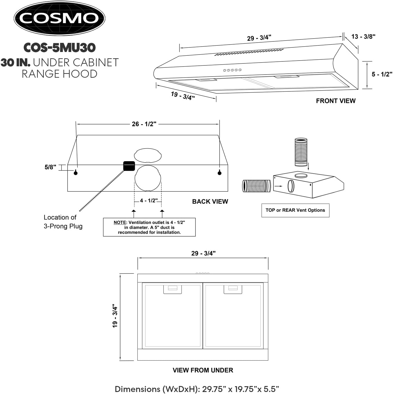 Cosmo COS-5MU36 36 in. Under Cabinet Range Hood Ductless Convertible Duct, Slim Kitchen Stove Vent with 3 Speed Exhaust Fan, Reusable Filter and LED Lights in Stainless Steel, 36 inch
