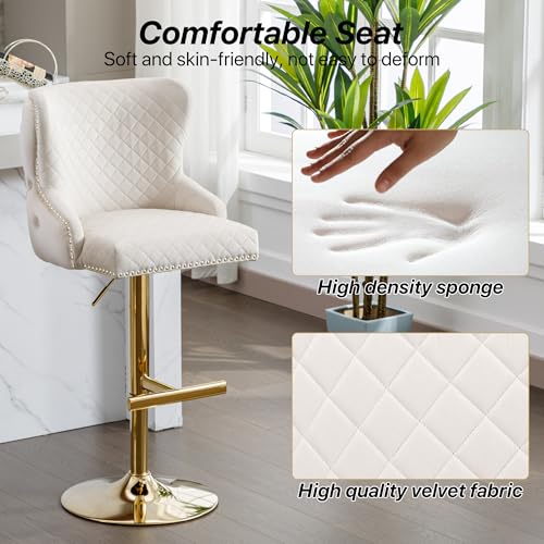 Velvet Barstools Set of 2, Counter Height Adjustable Swivel Barchairs with Golden Lion Head Ring, Thicken Padded Tufted Backrest Chrome Nailhead Trim Bar Stools for Kitchen(Beige)