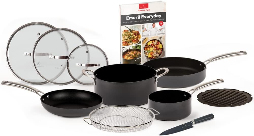 Emeril Everyday Forever Pans Hard-Anodized Cookware, 10-Piece Pots and Pans Set Nonstick with Utensils, Induction Compatible by Emeril Lagasse, Black 10 Piece Set