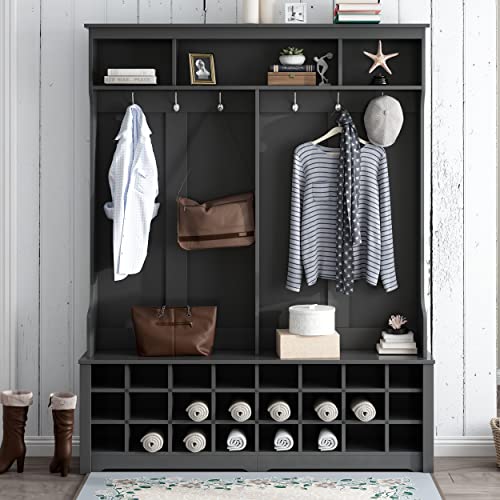 Modern Style Coat One with 3 Top Shelves,2 Flip Drawers,Wood Hallway Organizer with Storage, Metal Hanging Hooks,Hall Tree with Bench, Shoe Racks, White-2