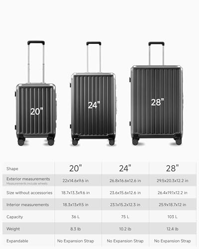 LUGGEX Aluminum Frame Luggage with Spinner Wheels, Zipperless Polycarbonate Hard Shell Carry On Luggage, 20 Inch Suitcases, Charcoal Metallic