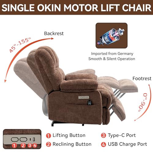 Large Power Lift Recliner Chair with Massage and Heat for Elderly, Ergonomic Backrest, Infinite Adjust, 2 Side Pockets, Stainless Steel Cup Holders, USB and Type-C Ports, Chenille Beige