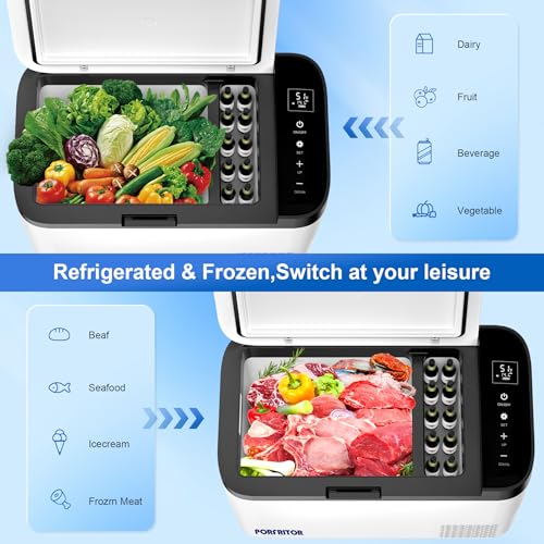 PORFRITOR 12 Volt Car Refrigerator, 48Qt Portable Freezer -4℉ to 68℉ Dual Zone Car Refrigerator,12 Volt Refrigerator with 12/24V DC & 110-240V AC for Home,Travel, RV, Truck